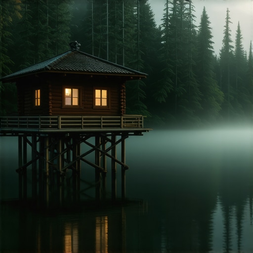 Drvena kućica na reci u svitanje Tradicionalna drvena kućica na rečnoj obali prekrivena jutarnjom maglom