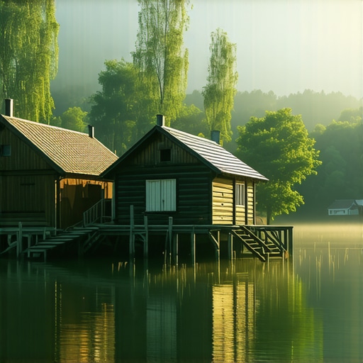 Drvene kućice na jezeru Perućac 2026 Autentične drvene kućice na vodi jezera Perućac pod maglom