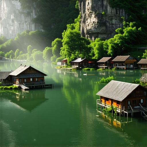 Drvene kućice na reci Perućac pod maglom Splavovi i drvene kućice na jezeru Perućac u maglovito jutro