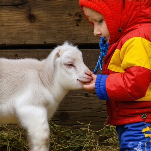 Feeding animals on a Serbian farm Child feeding a goat in a rustic barn