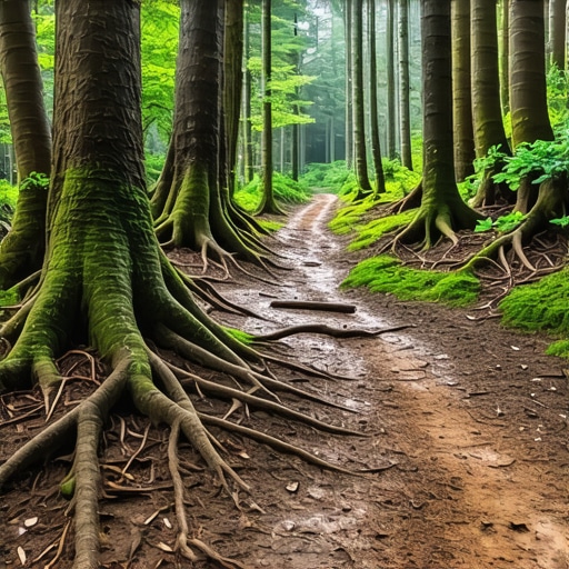 Fruška Gora šumska staza bez gužve Šumska staza na Fruškoj gori sa blatom i korenjem drveća