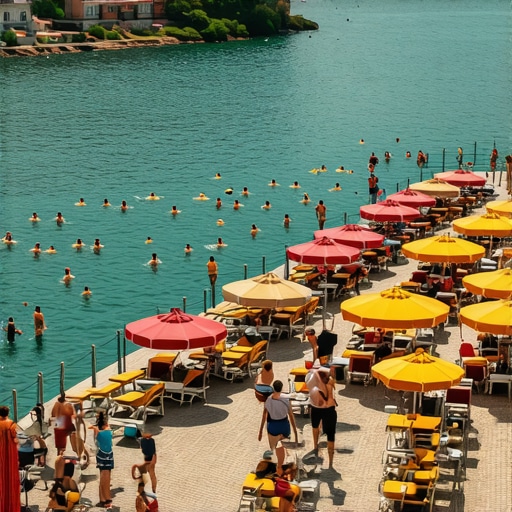 Plaža Srebrno jezero sa ležaljkama i kupačima tokom letnje sezone