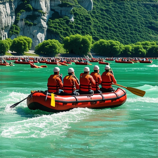 Veliki gumeni čamac na reci Drini tokom regate sa planinama u pozadini