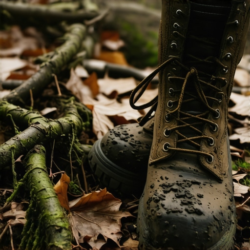 Muddy hiking boots on a narrow trail in Lipovica forest