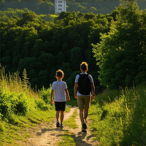Family hiking on a safe trail towards the Kosmaj monument in Serbia