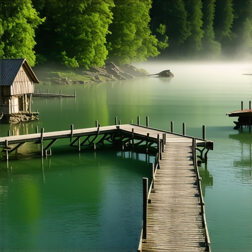 Jutro na Japodskim otocima Drveni mostići i reka Una u magli kod Japodskih otoka