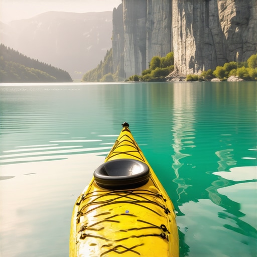 Žuti kajak na mirnoj vodi Bovanskog jezera tokom izlaska sunca sa maglom i stenama u pozadini