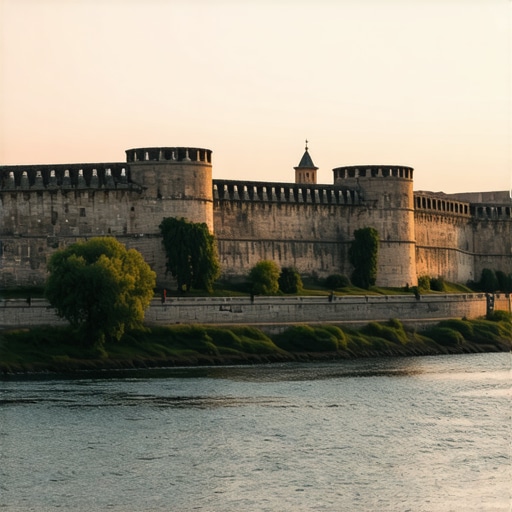 Kalemegdan bedemi i ušće Dunava i Save Pogled na ušće reka sa Kalemegdanske tvrđave u sumrak