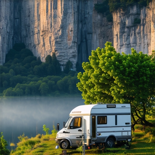 Camper van near Lake Perucac with mist and pine forest