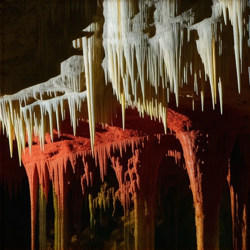 Unutrašnjost Resavske pećine sa osvetljenim stalaktitima i stalagmitima bez turista