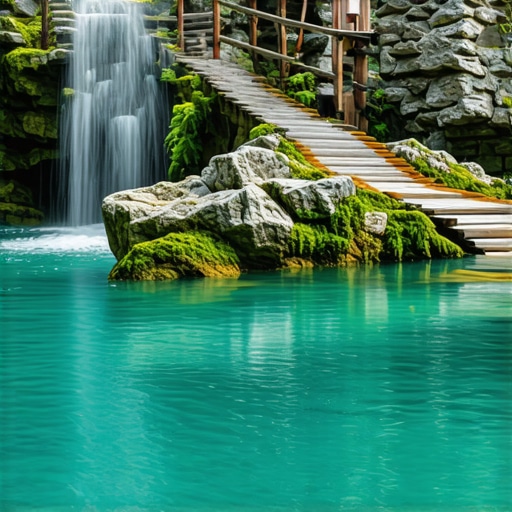 Pogled na tirkiznu vodu Krupajskog vrela u Srbiji sa drvenim mostom i pećinom u rano jutro