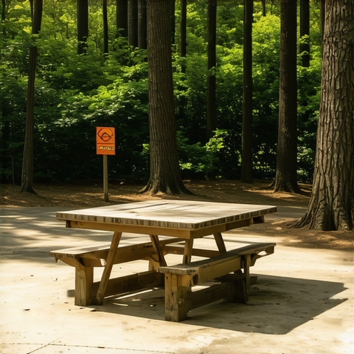 Obeleženo mesto za roštiljanje u Lipovačkoj šumi sa betonskim postoljem i drvenim stolom.