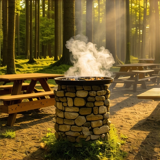 Lipovačka šuma Picnic Area 2026 Traditional stone barbecue spot in Lipovica forest with wooden tables and forest surroundings.