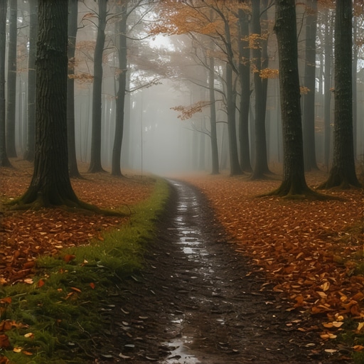 Muddy trail entering Lipovica forest near Belgrade in late autumn