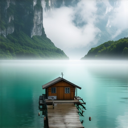 Drveni splav na jezeru Perućac okružen maglom i planinama Tare