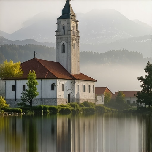 Manastir Studenica u svitanje 2026 Beli mermerni manastir Studenica okružen planinama pod maglom u rano jutro.