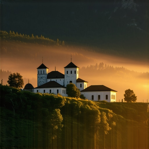 Manastir Studenica u zoru 2026 Pogled na manastir Studenica pod maglom u rano jutro bez turista.