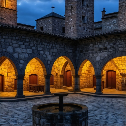 Manastirski konak u sumrak Unutrašnje dvorište srpskog manastira sa kamenim zidovima i drvenim konakom pod večernjim svetlom