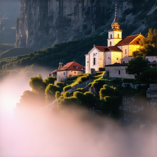 Mileševa Monastery at Dawn 2026 Mileševa monastery church and konak in Prijepolje Serbia during a misty morning.