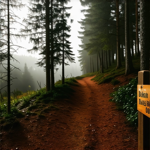 Misty Divčibare Hiking Trail A foggy hiking path on Maljen mountain, Divčibare, showing the natural terrain and pine forest.
