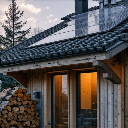 Moderno eko selo u Srbiji sa solarnim panelima zimi Drvena eko brvnara na planini sa solarnim panelima i snegom na krovu