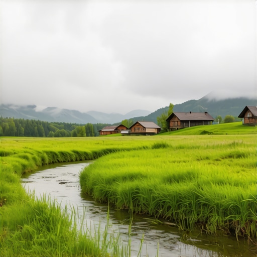 Pejzaž Zlatibora sa rekom Rzav i drvenim brvnarama u prirodi bez zgrada