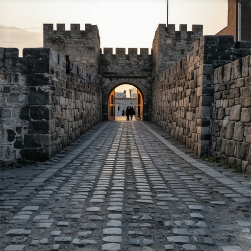 Glavna kapija Niške tvrđave pod večernjim svetlom sa vidljivim tragovima stare kamene staze.