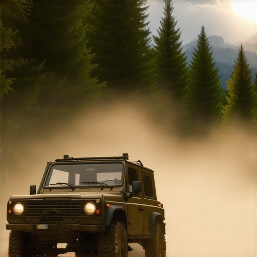 Off-road avantura u Bavarskim Alpima Terensko vozilo na planinskom putu u Bavarskoj sa maglom i četinarima