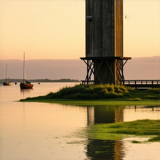 Sunset at Palić Lake showing the water tower and secessionist buildings with green water reflections.