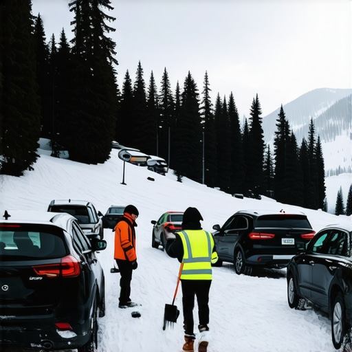 Cars buried in snow at Kopaonik parking lot with local workers