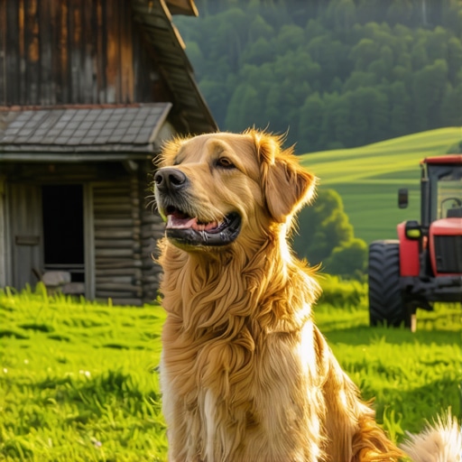 Zlatni retriver ispred stare drvene brvnare na planini Rudnik tokom zalaska sunca