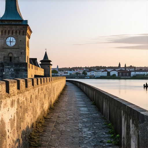 Petrovaradin Fortress view without crowds during sunset over the Danube