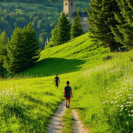 Porodično planinarenje na Kosmaju u proleće Porodica sa decom šeta stazom na planini Kosmaj u Srbiji pod suncem