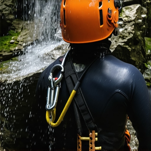 Profesionalna oprema za kanjoning u 2026. godini Neoprensko odelo, pojas i kaciga na vlažnoj steni unutar kanjona.