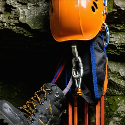 Professional Canyoning Gear 2026 Essential canyoning equipment showing helmet, harness, and specialized boots on wet rocks.
