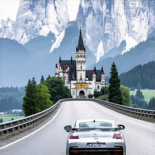 Put kroz Bavarsku 2026 Automobil na putu kroz bavarske Alpe sa dvorcem u pozadini