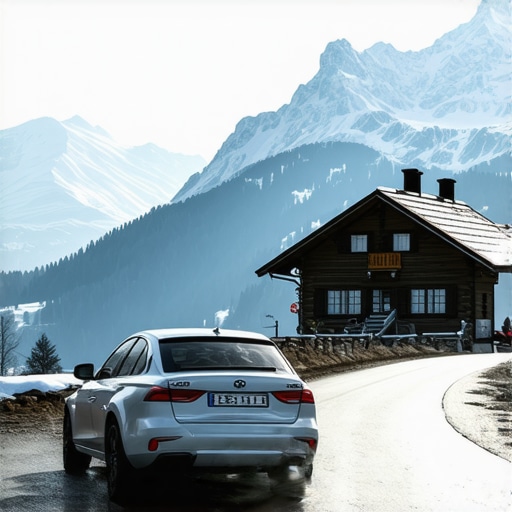 Srebrni automobil na krivudavom putu u Bavarskim Alpima sa planinama u pozadini