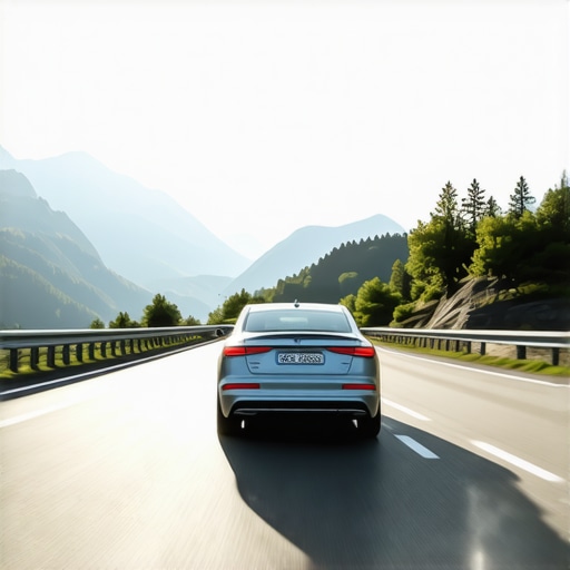 Srebrni automobil na autoputu u Bavarskoj sa Alpima u pozadini