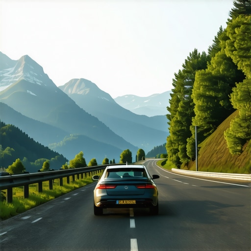 Automobil na autoputu ka Bavarskoj sa Alpima u pozadini