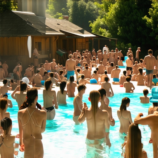 Gužva na bazenu u etno selu sa drvenim kućicama i porodicama tokom leta
