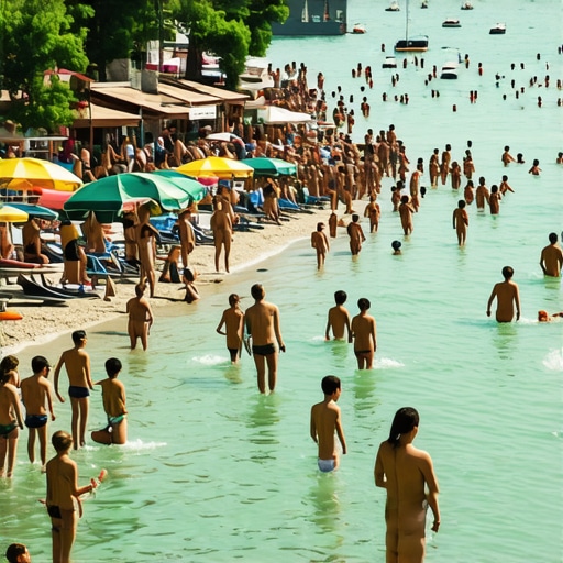 Pretrpana plaža na Srebrnom jezeru sa ležaljkama i mutnom vodom