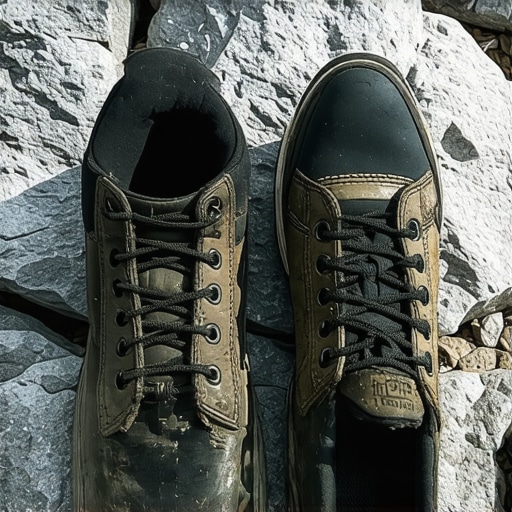 Stara planinarska obuća pored nove skupe opreme na kamenoj stazi