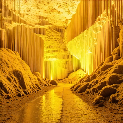 Unutrašnjost Resavske pećine sa osvetljenim stalaktitima i klizavom stazom