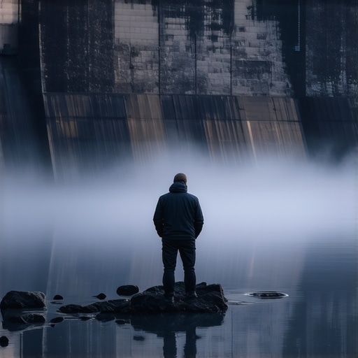 Ribolovac na stenovitoj obali Bovanskog jezera u ranu zoru sa branom u pozadini