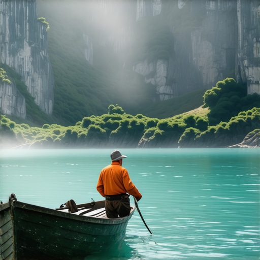 Čamac na jezeru Perućac u magli sa planinom Tara u pozadini