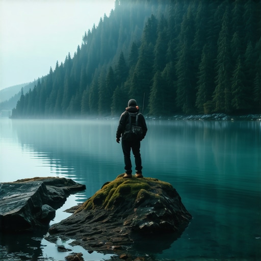 Ribolovac na obali jezera Rovni u rano jutro