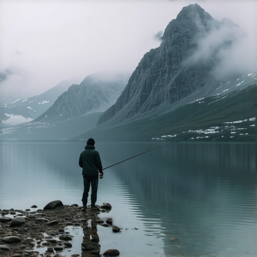 Maglovito jezero Rovni sa ribolovcem na obali u rano jutro