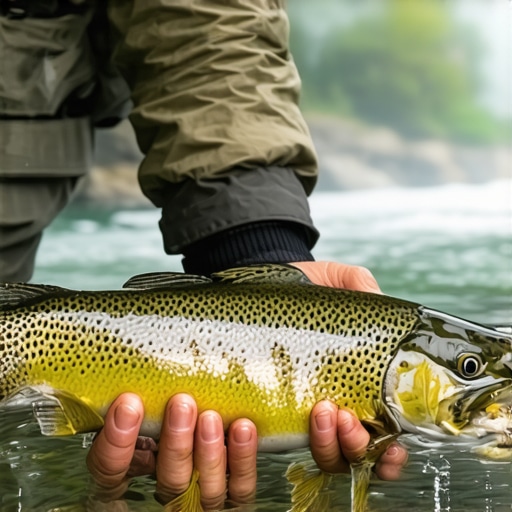 Krupni kadar ulova pastrmke na reci Drini tokom maglovitog jutra