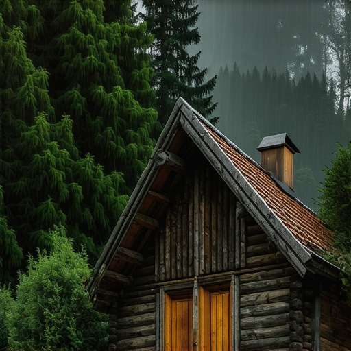 A traditional wooden A-frame cabin surrounded by pine trees on Tara mountain in the morning fog.
