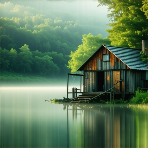 Wooden cabin on a river with mist and forest background